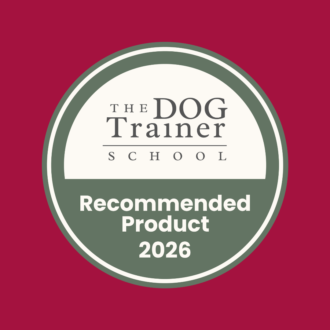 A round badge on a red background reads "The Dog Trainer School Recommended Venison Gourmet Slices 2026".