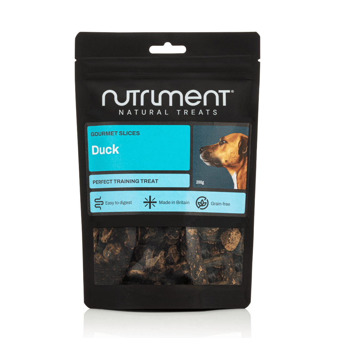 A black bag of Duck Gourmet Slices 200g, labeled Duck flavor, features a dog's profile on the package.