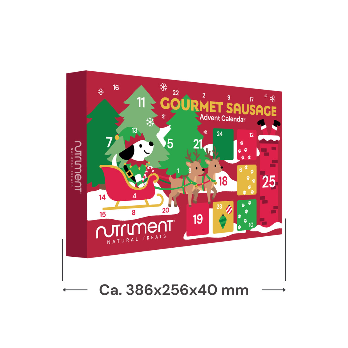 Gourmet Sausage Advent Calendars 2026 showing a dog in a sleigh pulled by reindeer with numbered windows.
