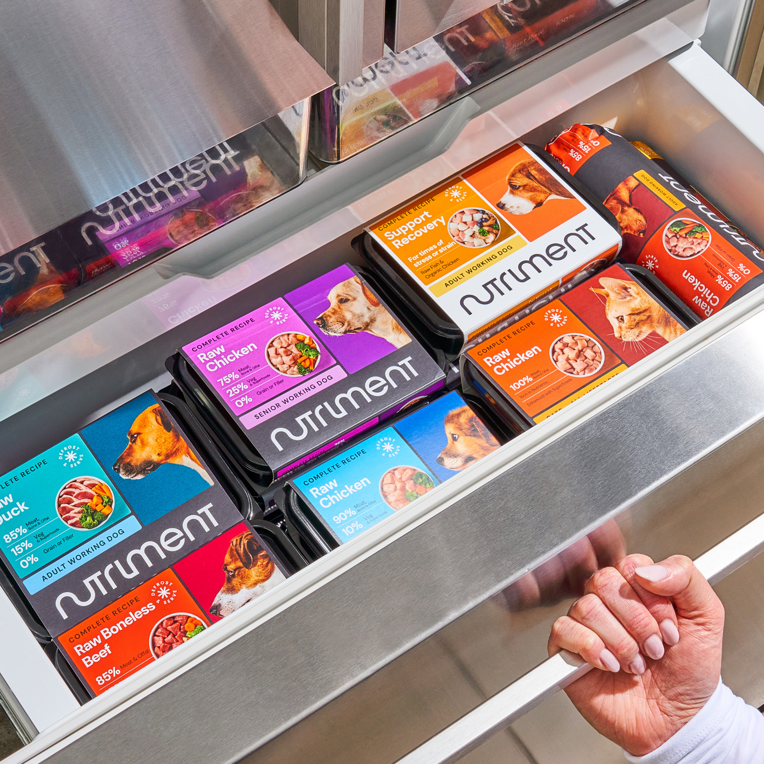 It's been delivered - an open freezer drawer filled with Nutriment frozen raw dog food.