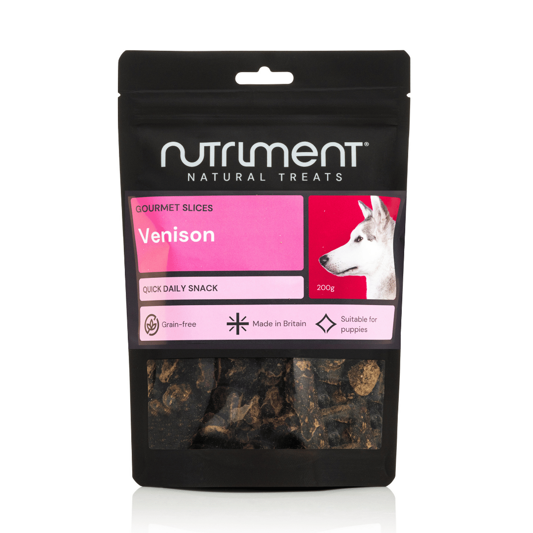 A black bag of Venison Gourmet Slices 200g showing a white dog and lean protein info in pink and white.