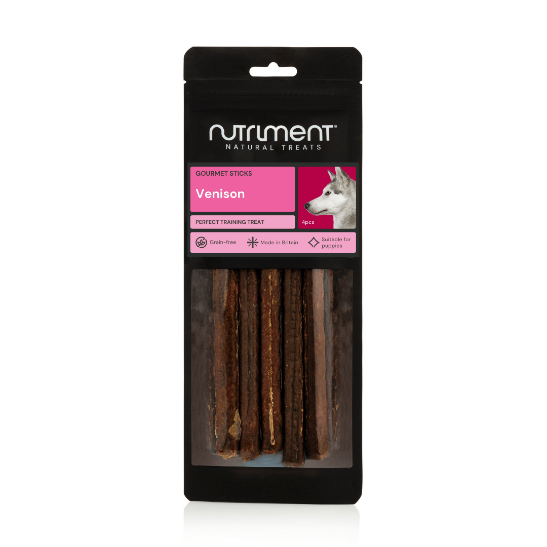 Venison Gourmet Sticks Pack Of 4—lean protein treats with a pink label and a white dog on the packaging.