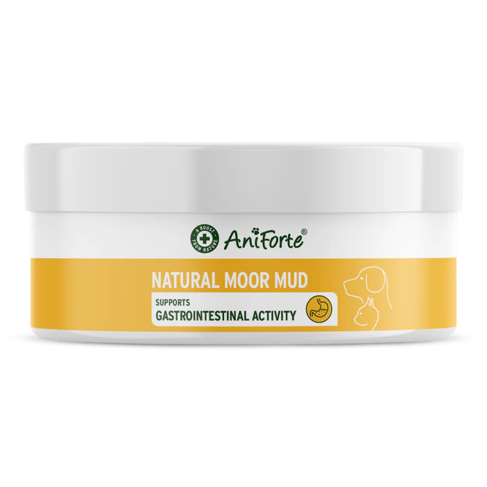 White container of Aniforte Mineral Moor Mud 300g for digestion, yellow label, dog silhouette.