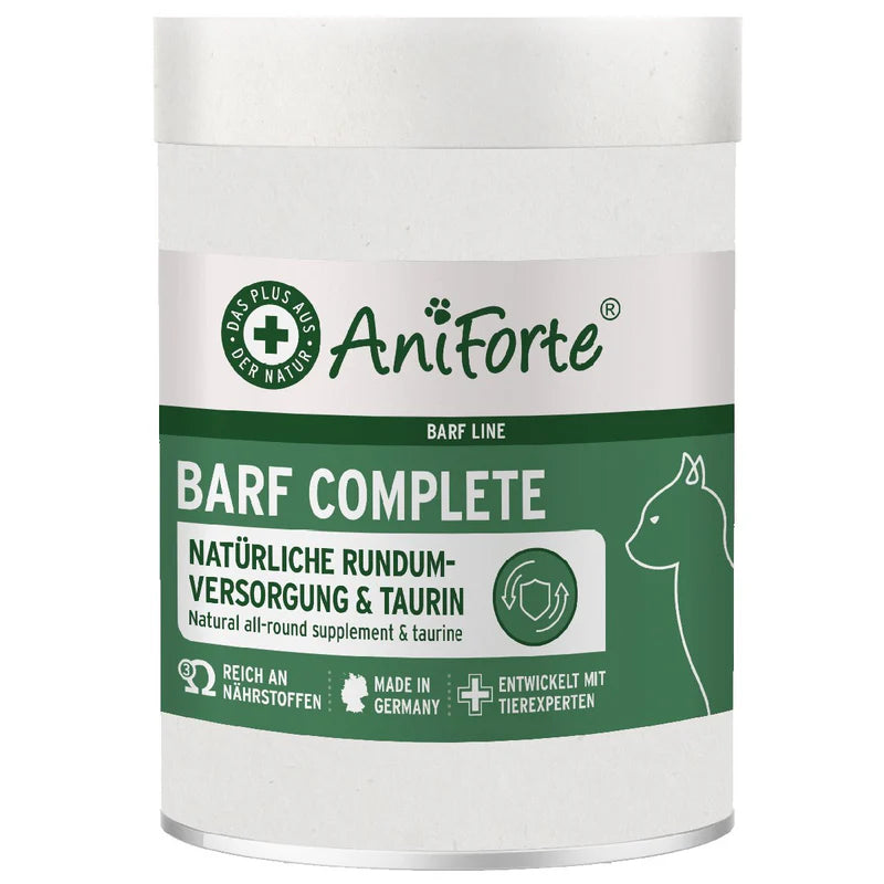 White Aniforte BARF Complete for Cats 100g with green label; natural vitamins for cat health.