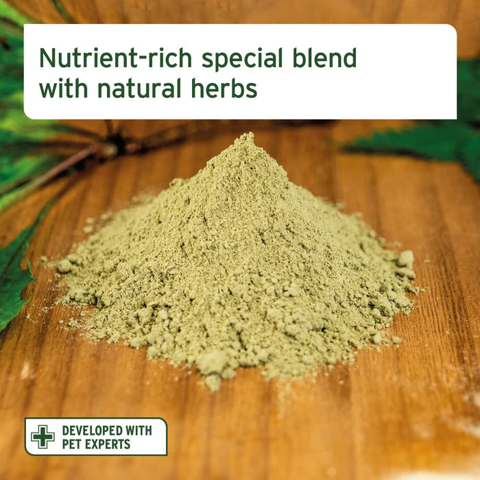 Aniforte BARF Complete for Dogs 500g: Greenish powder on wood, a nutrient-rich blend made with natural raw materials.