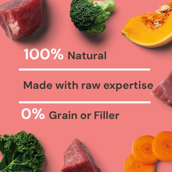 Raw Boneless Beef 1.4kg on pink: "100% Natural, Made with raw expertise, 0% Grain or Filler" featuring superfoods.