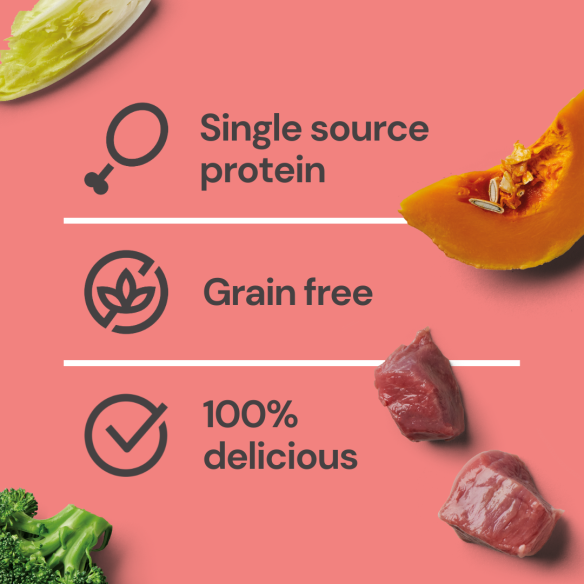 Single source protein, Grain free, 100% delicious" Gently Steamed Beef 395g showcases raw pet nutrition with protein & veggies.
