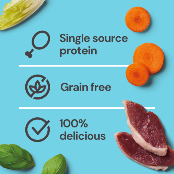 Gently Steamed Duck 395g, a single source protein, grain-free & nutrient-packed for dogs on a blue background.