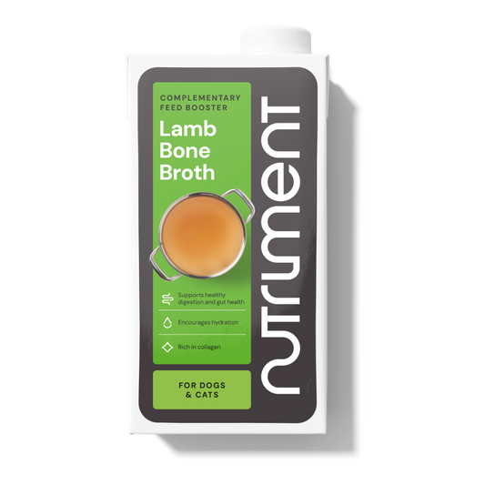 A carton of Lamb Bone Broth 500ml for joint health in dogs and cats, with a green label and broth illustration.