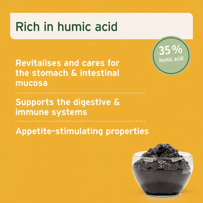 Image showcasing Aniforte Mineral Moor Mud 300g: supports digestion, boosts immunity, aids appetite; includes small bowl.