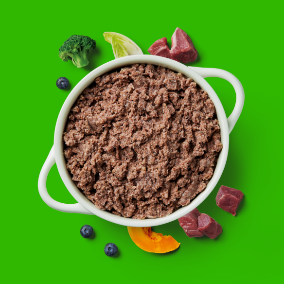 Gently Steamed Lamb 395g, with broccoli, lime, blueberries, and squash on a green background for easy digestion.