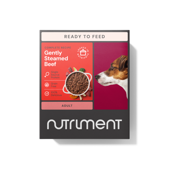 Nutriment" dog food displays a dog and "Gently Steamed Beef 395g" for raw pet nutrition.