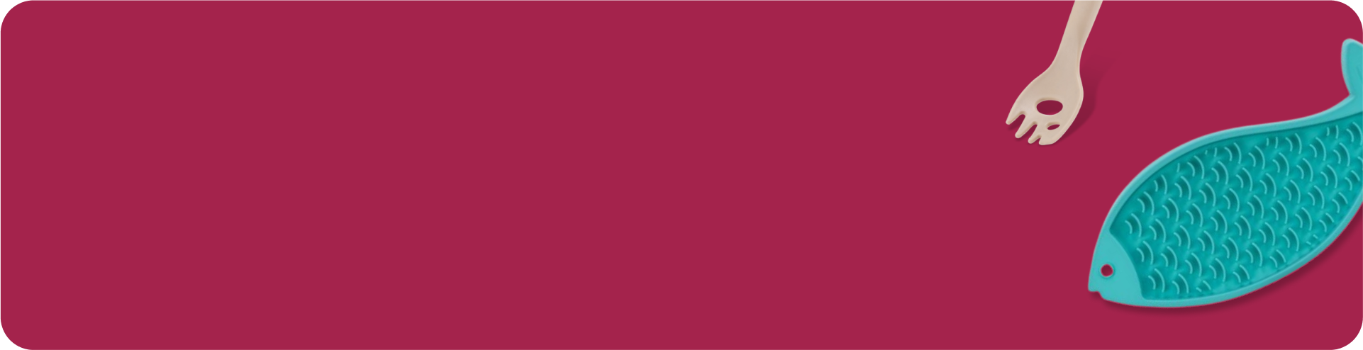 A blue, fish-shaped plate and a beige fork with a hole are placed on a red background, with the items positioned on the right side and empty space on the left.