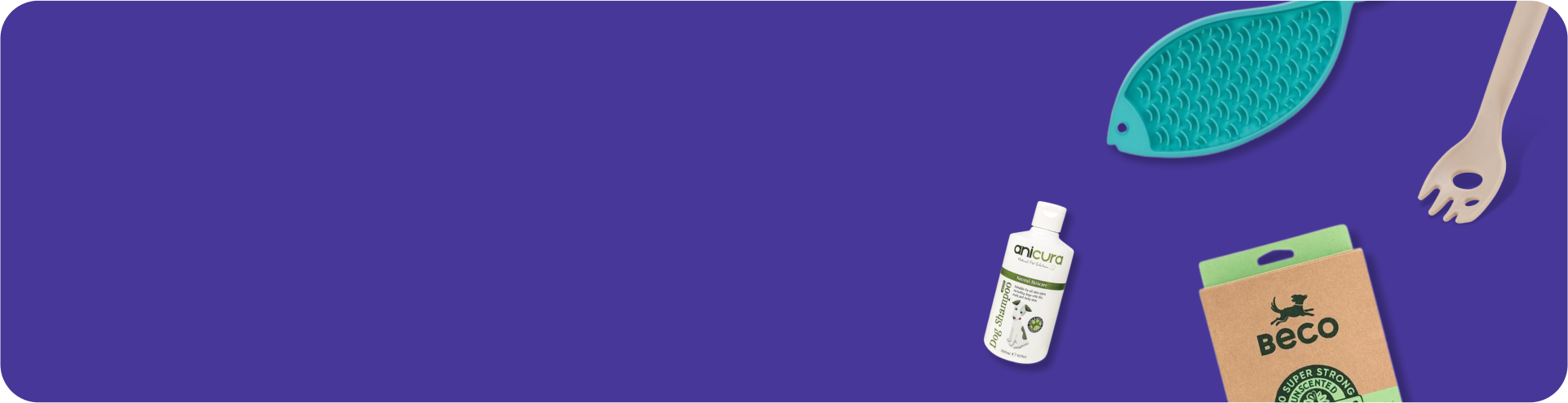 A blue background with pet care items in the corner, including a textured fish-shaped mat, a wooden fork, a small white bottle, and a brown package labeled “BECO.”.