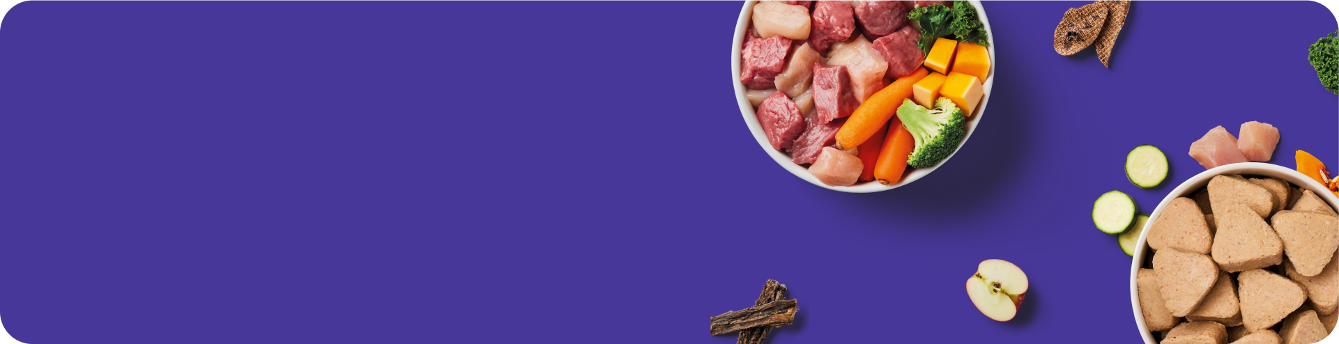 Two bowls on a purple background: one with raw meat and vegetables, the other with dry pet food. Scattered around are apple slices, zucchini, broccoli, dried meat, and raw chicken.