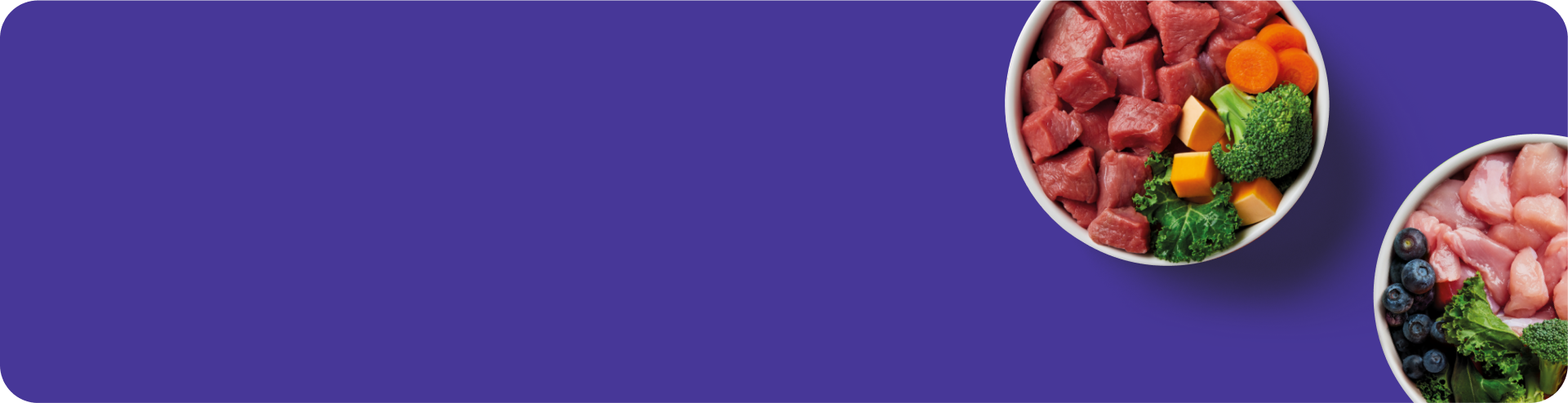 Two bowls filled with raw meat, colorful vegetables, and berries are partially shown against a solid purple background on the right side of the image.