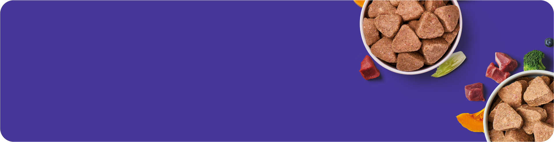 Two bowls of triangular dry pet food with chunks of meat and vegetables scattered around, placed on a solid purple background with ample empty space on the left side.
