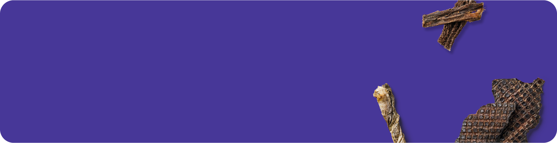 Three pieces of dried jerky are positioned in the top right and bottom right corners against a plain purple background, with most of the image left empty.