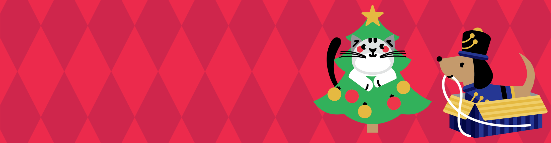A festive illustration of a cat sitting in a Christmas tree and a dog dressed as a toy soldier holding a trumpet, on a red diamond-patterned background.