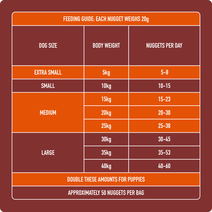 Dog feeding guide: daily frozen meat nuggets by dog size, tips, and 8kg Adult Nugget Starter Pack info.