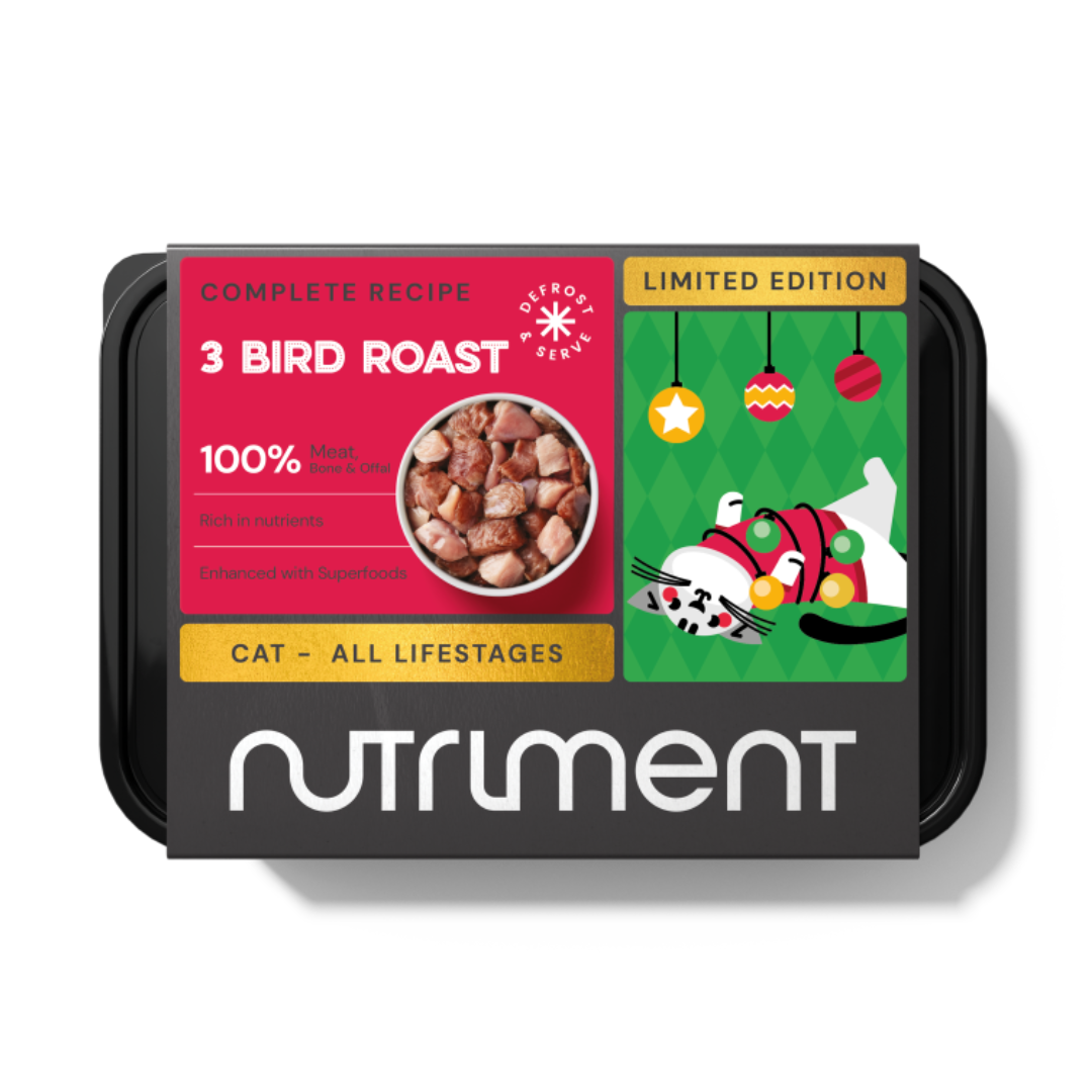Cat Raw 3 Bird Roast 500g - Christmas Limited Edition, grain free with festive holiday graphics on tray.