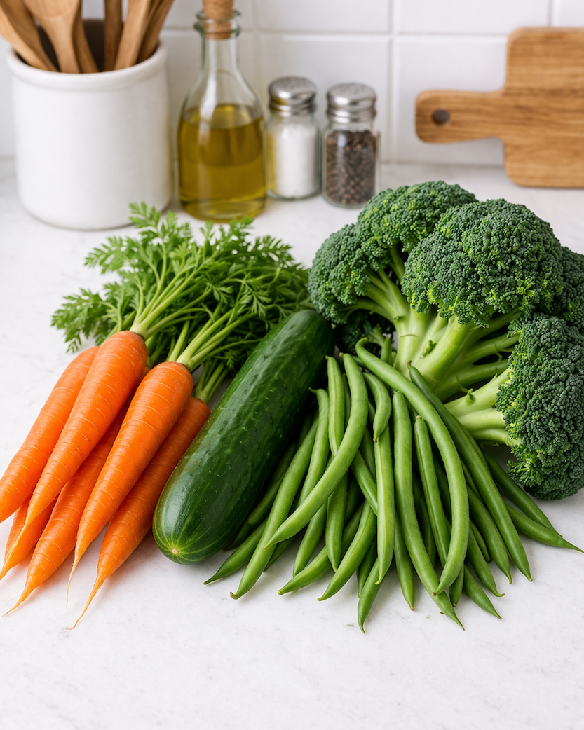 Carrots, cucumber, green beans, and broccoli on a white countertop with kitchen items in the background.