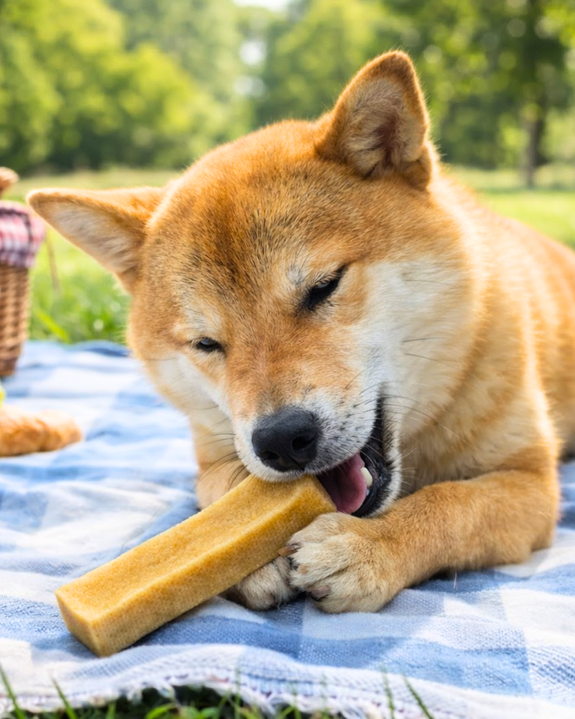 Shiba Inu lying on a blanket outdoors, chewing on a bone-shaped treat.