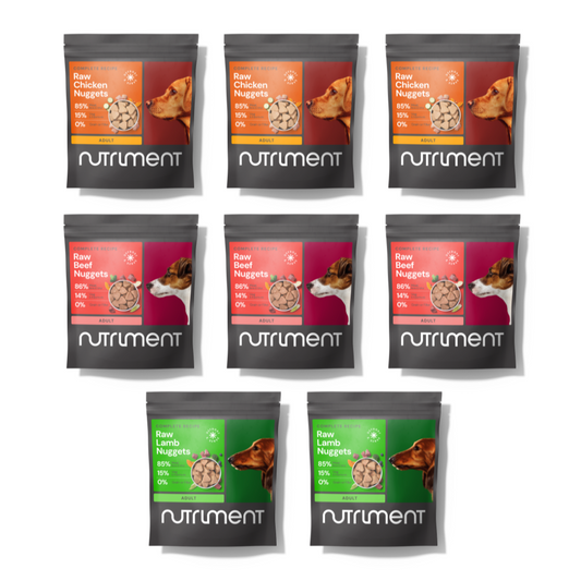 Nine packages of Nutriment raw dog food nuggets in different flavors on a white background.