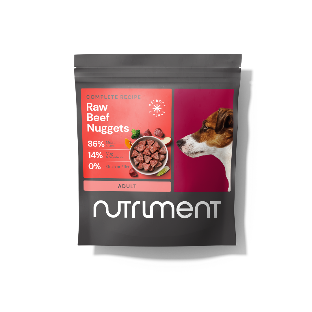 Raw Beef Nuggets 1kg—grain-free, nutrient-rich adult dog food for your pet’s raw nutrition.