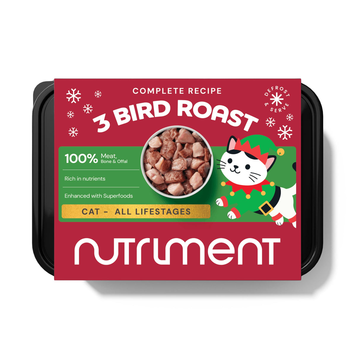 A tray of Cat Raw 3 Bird Roast 500g - Christmas Limited Edition with meat, an elf-suited cartoon cat, and festive text.