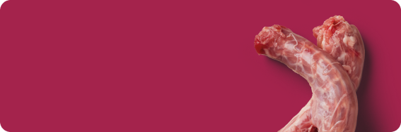 Two raw pieces of meat on a maroon background, positioned in a diagonal cross shape.