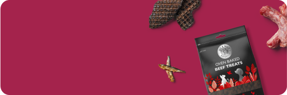 Dog treats with dried meat and a packet labeled "Oven Baked Beef Treats" on a red background.