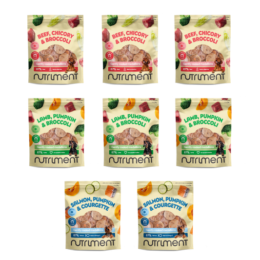 Eight Chicken-Free Fresh Bundle dog food packs (8 x 800g), ideal for sensitive dogs, each with colorful labels.