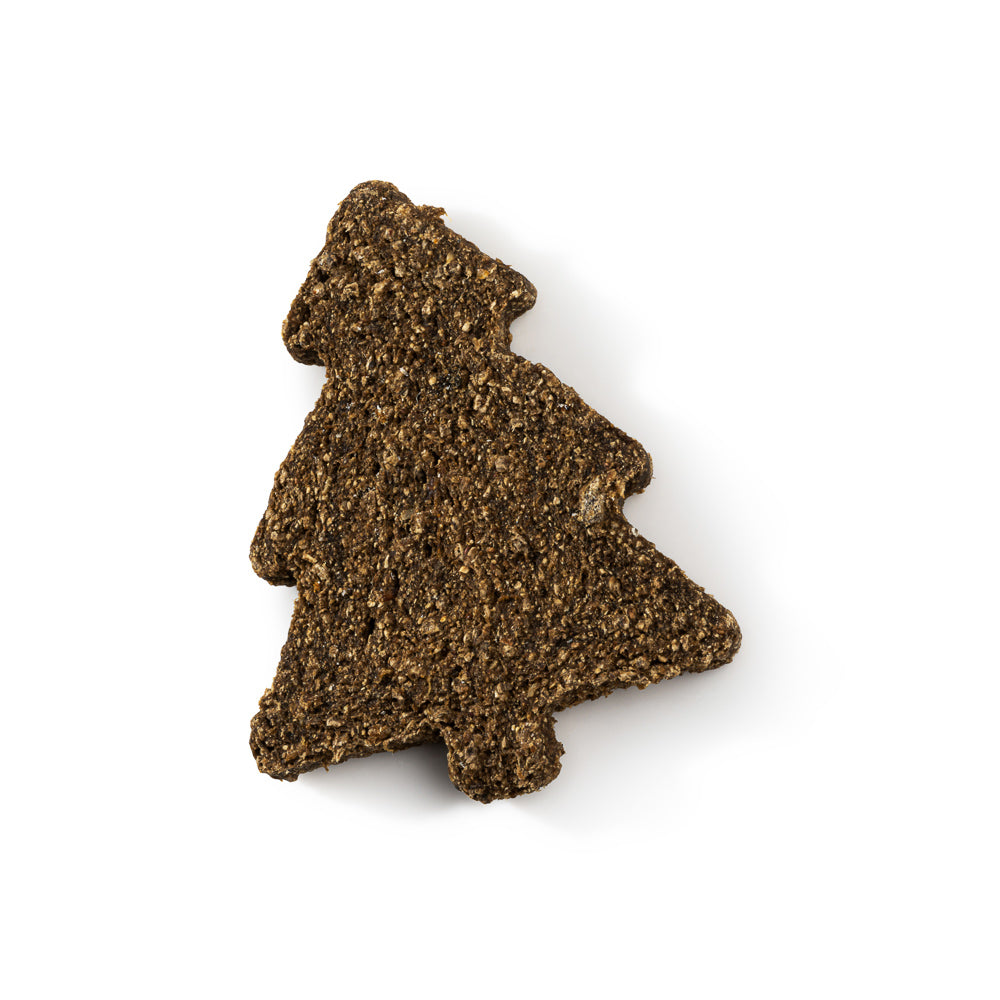 Gourmet Christmas Trees 5pcs: a textured brown grain-free dog treat in the shape of a Christmas tree.