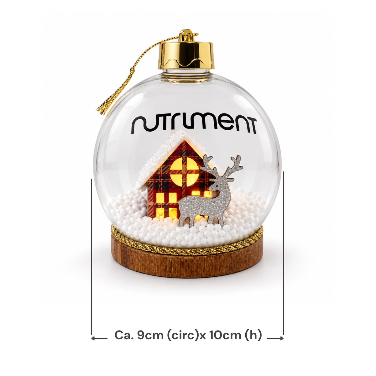Light-Up Christmas Bauble 1pc featuring a clear glass bauble with a house and glittery reindeer, with dimensions below.