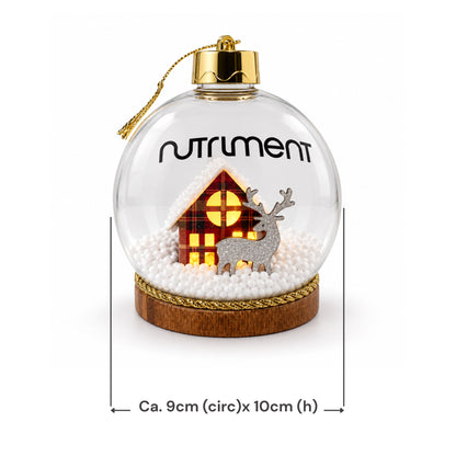 Light-Up Christmas Bauble 1pc featuring a clear glass bauble with a house and glittery reindeer, with dimensions below.