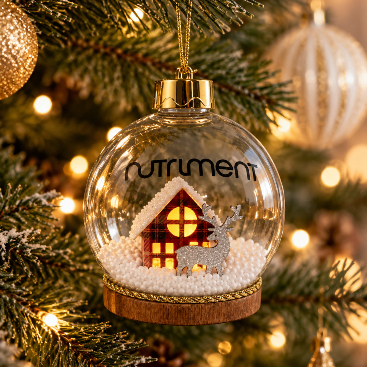 A Light-Up Christmas Bauble 1pc made of clear glass with a miniature cabin and reindeer hanging on a tree.