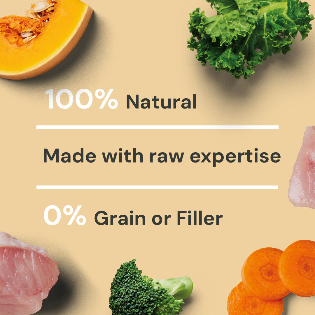 Raw Turkey 1kg: 100% Natural, No Grain or Filler; includes pumpkin, kale, and British Beef Green Tripe.