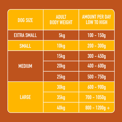 Size-based dog feeding chart with weight & daily food amounts, using Raw Turkey 1kg: extra small to large.