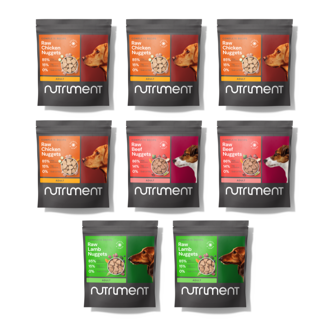 8kg Adult Nugget Starter Pack: chicken, beef & lamb flavors, dog images on each pouch.