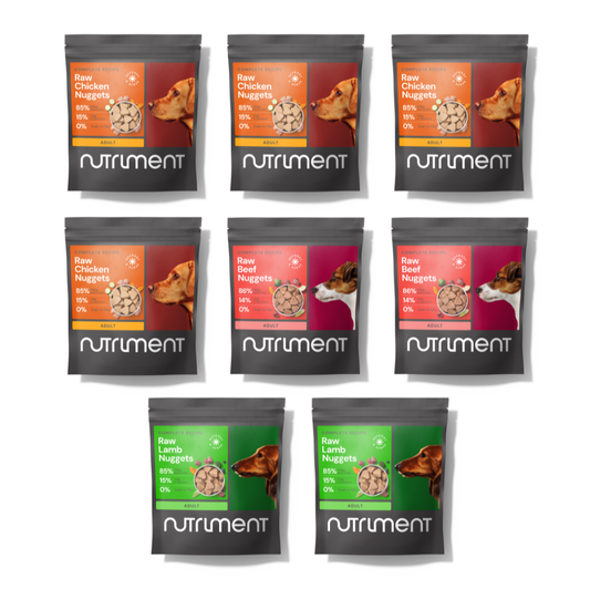 8kg Adult Nugget Starter Pack: chicken, beef & lamb flavors, dog images on each pouch.