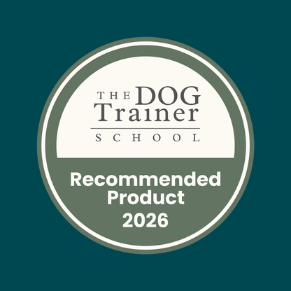 Circular badge reading "The Dog Trainer School Recommended Duck Gourmet Slices 200g 2026" on dark green background.
