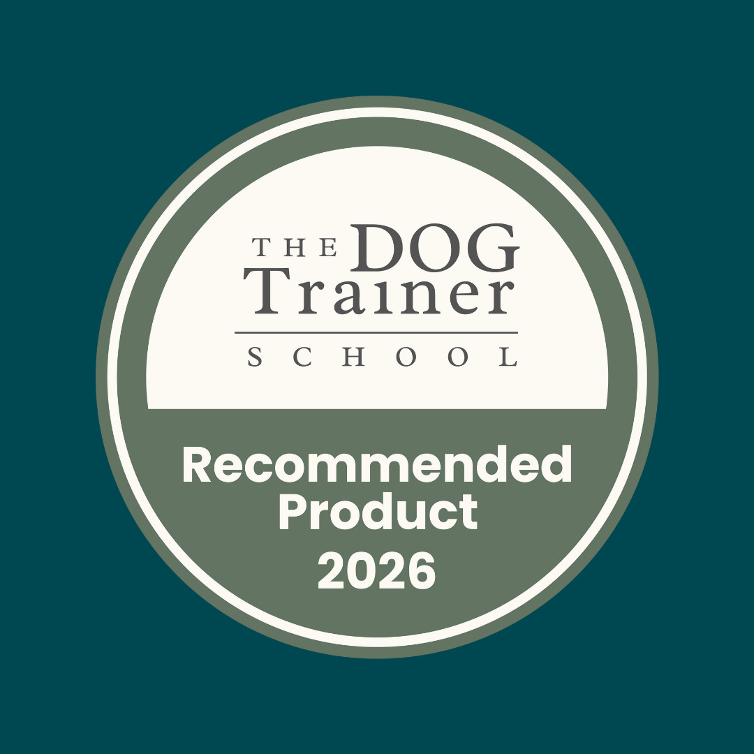 Circular badge with "The Dog Trainer School Recommended Gently Steamed Duck 395g 2026" on green background.