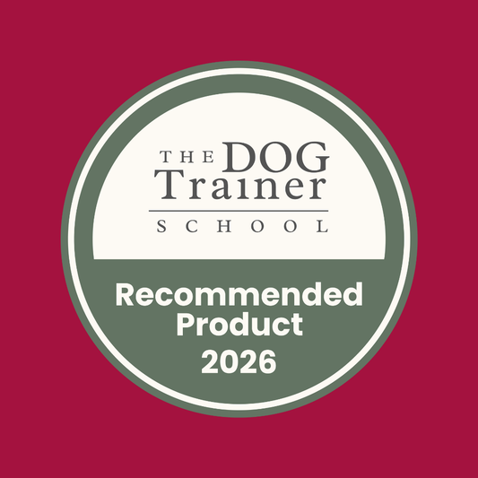 A round badge on a red background reads "The Dog Trainer School Recommended Venison Gourmet Slices 2026".