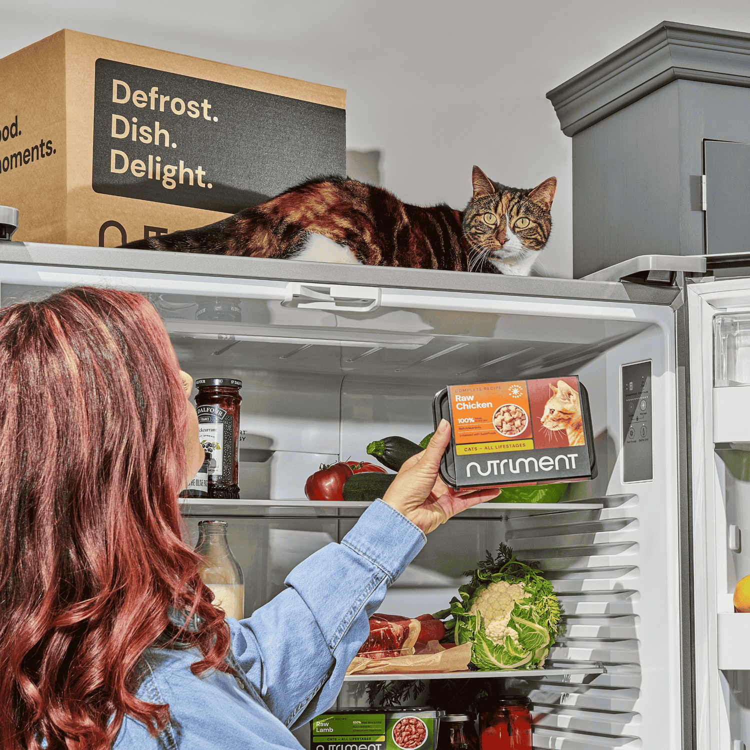 A woman holds a meal box by an open fridge while a cat lies on top, looking down at her.