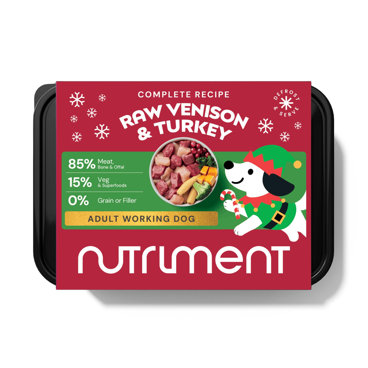 A tray of Raw Venison & Turkey 500g - Christmas Limited Edition grain-free dog food with an elf dog label.