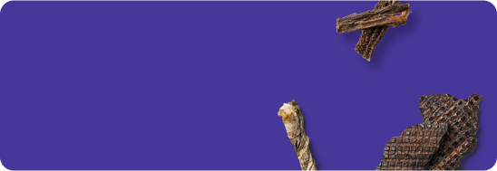 Purple background with scattered pieces of textured brown food, resembling jerky, on the right side.
