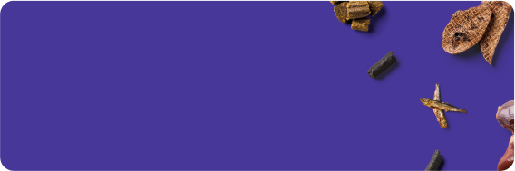 Purple background with assorted snacks and small fish scattered at the corners.