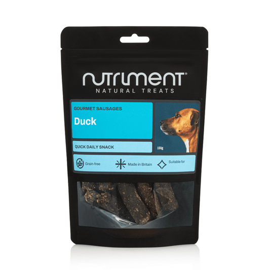 Black pack of Duck Gourmet Sausages 150g, rich in duck protein with a dog image, dried sausages visible inside.