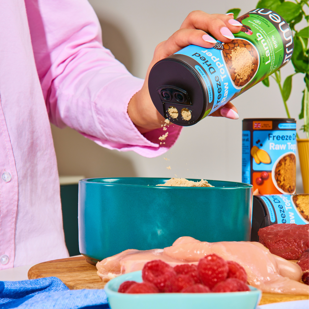 Person sprinkles Freeze Dried Topper - Beef 50g into a pet bowl next to raw chicken and raspberries.